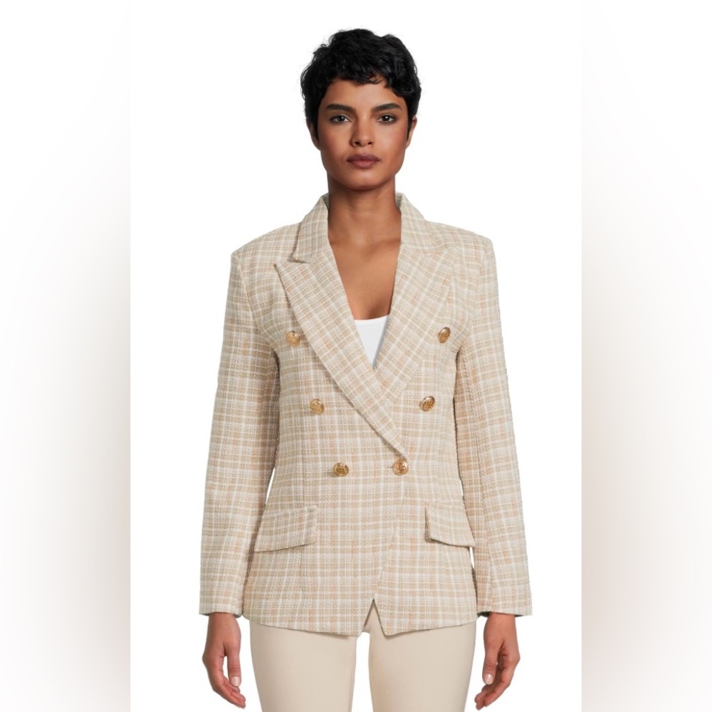 Women's Beige and White Tweed Plaid Double-Breasted Blazer